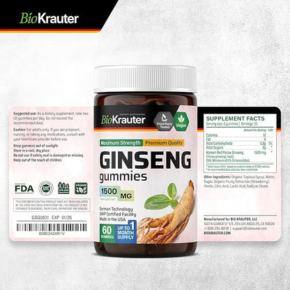 BIO KRAUTER Panax Ginseng Gummies - 1500 mg Strength - 60 Count - Chewable Red Ginseng Supplement - Immune Support Gummies - Vegan, Pectin-Based, Non-GMO