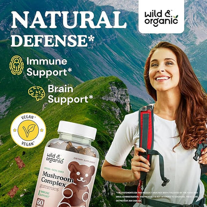 Wild & Organic Mushroom Gummies - Lion's Mane, Cordyceps, Turkey Tail, Reishi, Chaga, Maitake - 10-in-1 Complex - Mushroom Supplement Gummies for Immune & Brain Support - 60 Count
