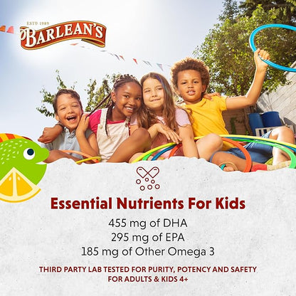 Barlean's Omega Pals Lipsmackin' Citrus Flavored Omega-3 for Kids, Yummy Children's Liquid Fish Oil Supplement with 750 mg of EPA & DHA for Brain & Eye Health, 8 oz