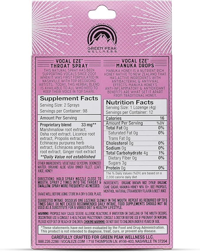 Vocal Eze Voice Saver Kit, Includes Vocal Herbal Throat Spray (1) and (12) Manuka Honey Drops | Relieve Sore, Hoarse, Fatigue, Dryness of Throat | Immune Support, Natural Ingredients (Strawberry)