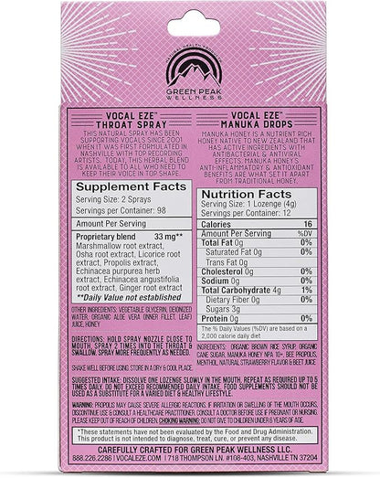 Vocal Eze Voice Saver Kit, Includes Vocal Herbal Throat Spray (1) and (12) Manuka Honey Drops | Relieve Sore, Hoarse, Fatigue, Dryness of Throat | Immune Support, Natural Ingredients (Strawberry)