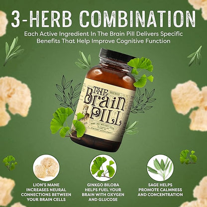 The Brain Pill 90 Capsules – Organic Brain Booster Supplement - Memory Pills for Brain w/ Ginkgo Biloba Capsules, Lion’s Mane & Sage - Brain Booster Supplement for Focus, Memory, Clarity, Energy