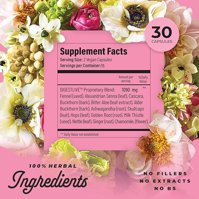 DigestLive Women's Constipation Relief Laxative for Postpartum, 30 Capsules,100% Herbal Stool Softener- Female Gentle Natural Colon Cleanse Detox, Bloating & Gas, Fast-Acting, Vegan, Gluten & GMO-Free
