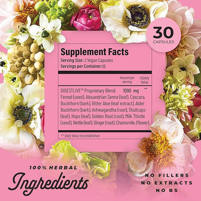 DigestLive Women's Constipation Relief Laxative for Postpartum, 30 Capsules,100% Herbal Stool Softener- Female Gentle Natural Colon Cleanse Detox, Bloating & Gas, Fast-Acting, Vegan, Gluten & GMO-Free