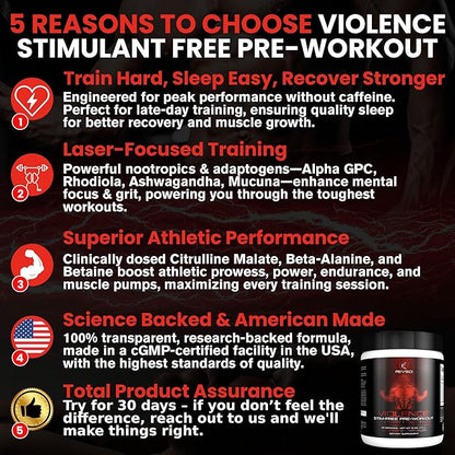 VIOLENCE Stim Free Pre Workout Powder by REVSCI, Precision Dosed Non Stim Preworkout Pump Pre Workout Caffeine Free Pre Workout Powder, Pump Supplement & Stimulant Free Nitric, Watermelon, 25 Servings