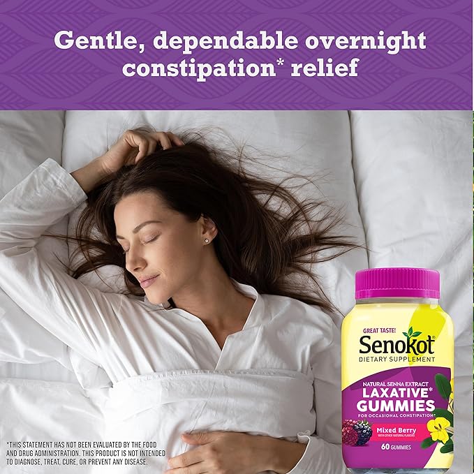 Senokot Dietary Supplement Laxative Gummies, Natural Senna Extract, Gentle, Overnight Relief from Occasional Constipation, Mixed Berry Flavor, 90 Count
