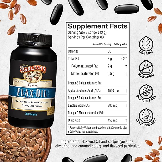 Barlean's Lignan Flaxseed Oil Softgels, Cold-Pressed Flax Seed Supplement with 1,550 mg ALA Omega-3 Fatty Acids for Joint & Heart Health, 1000mg, 250 ct