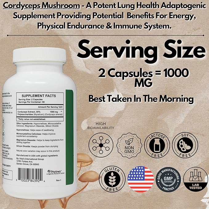 PRISTINE'S Cordyceps Mushroom Capsules - 60 Day Supply 1000 MG - Athletic Performance, Endurance & Immunity Adaptogen Supplement - Anti Aging Support Antioxidant