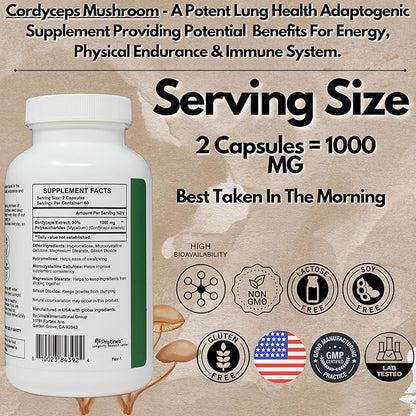 PRISTINE'S Cordyceps Mushroom Capsules - 60 Day Supply 1000 MG - Athletic Performance, Endurance & Immunity Adaptogen Supplement - Anti Aging Support Antioxidant