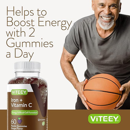 VITEEY Iron Gummies 20mg + Vitamin C 26mg for Iron Deficiency and Anemia, Supports Energy, Blood Cell Formulation, Blood Builder, Vegan Supplements, Gluten Gelatin and GMO Free, Chewable Grape Chews