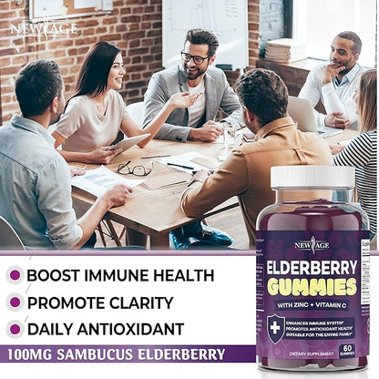 NEW AGE (2-Pack) Premium Elderberry Gummies for Adults Kids with Vitamin C, Zinc, Propolis - Sambucus Black Elderberry Gummy Extract - Gluten Free & Vegetarian - 120 Gummies