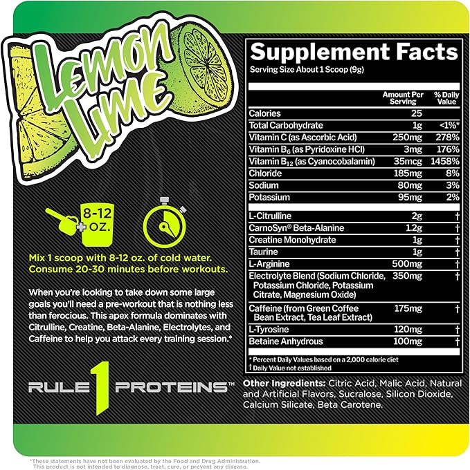 Rule 1 R1 Roar - Pre-Workout Powder with Creatine, Beta-Alanine, Citrulline, Electrolytes & Caffeine (Servings, Lemon Lime)
