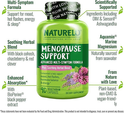 NATURELO Menopause Supplements for Women, Herbal Blend with Black Cohosh for Menopause Hot Flashes Advanced Estrogen Multi-Symptom Formula 90 Capsules
