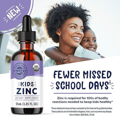 Vimergy Kids Organic Liquid Zinc Sulfate – For Children & Adolescence 1-18 Years Old, Fast-Absorbing Immune Support* – Promotes Healthy Bones, Hair & Skin. USDA Organic, Kosher, Vegan, Non-GMO – 55 mL