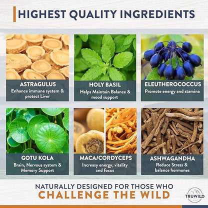 TruWild Adaptogen Blend with Cordyceps Maca Ashwagandha - Full Spectrum Mushroom Blend for Daily Support and Function, All Natural Formula with 7 Key Ingredients, 60 Capsules