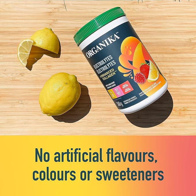 Organika Canadian-Made Electrolytes + Enhanced Collagen - Zesty Lemon Berry Flavour - Sugar-Free Hydration | 5g Protein + 100% of Daily Vitamin C | 360g, 30 Servings