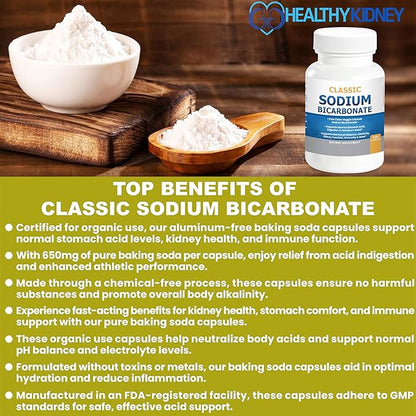 Kidney Restore Classic Sodium Bicarbonate 650mg Natural Organic Use Sodium Bicarbonate Powder Pills Sodium Bicarbonate Tablets (caps) Stomach Acid Alkalinity 120caps 2-Pack