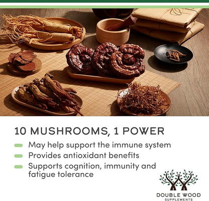 Double Wood Supplements Mushroom Complex Supplement - 1,000mg - 10 Most Essential Mushrooms (Lion's Mane, Reishi, Cordyceps, and More), 120 Capsules
