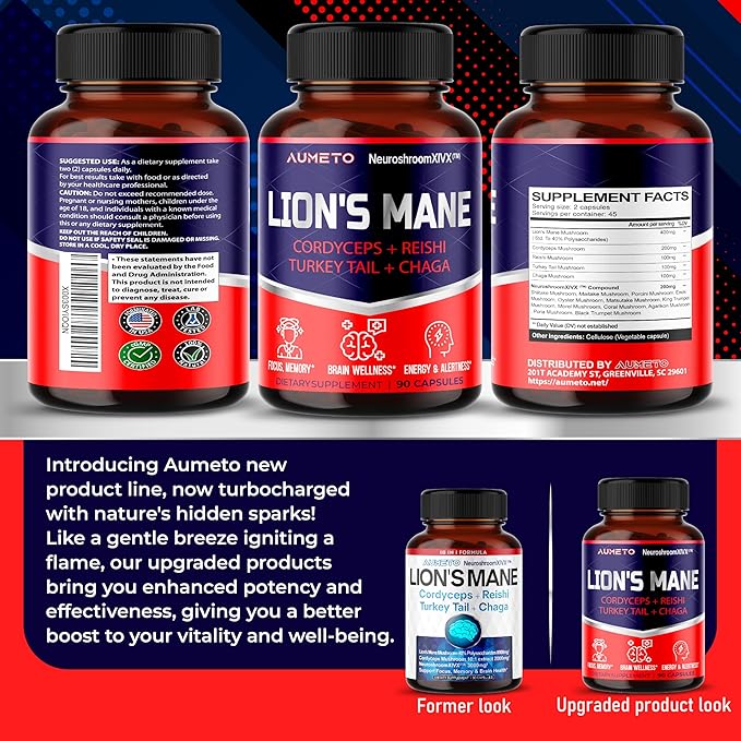 Lions Mane Supplement Capsules 40% Polysaccharides with Cordyceps, Reishi, Turkey Tail, Chaga Mushroom Complex - Caffeine-Free 18 in 1 Brain Supplement for Memory and Focus