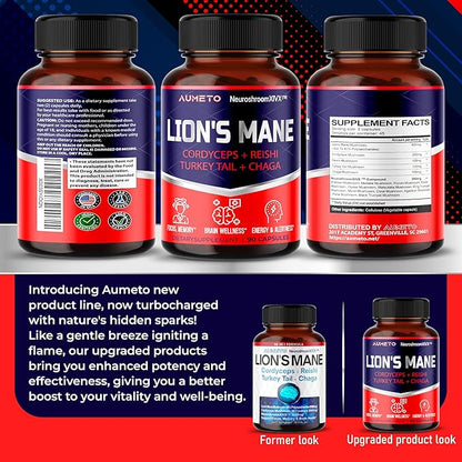 Lions Mane Supplement Capsules 40% Polysaccharides with Cordyceps, Reishi, Turkey Tail, Chaga Mushroom Complex - Caffeine-Free 18 in 1 Brain Supplement for Memory and Focus
