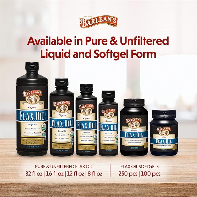 Barlean's Lignan Flaxseed Oil Softgels, Cold-Pressed Flax Seed Supplement with 1,550 mg ALA Omega-3 Fatty Acids for Joint & Heart Health, 1000mg, 250 ct