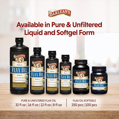 Barlean's Lignan Flaxseed Oil Softgels, Cold-Pressed Flax Seed Supplement with 1,550 mg ALA Omega-3 Fatty Acids for Joint & Heart Health, 1000mg, 250 ct