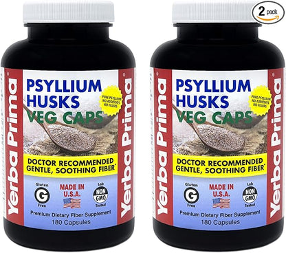 Yerba Prima Psyllium Husks Veg Caps - 180 Count (2 Pack) (625mg) - Vegan, Non-GMO, Gluten Free, Colon Cleanser, Daily Fiber Supplement for Gut Health & Regularity