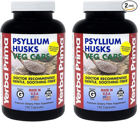Yerba Prima Psyllium Husks Veg Caps - 180 Count (2 Pack) (625mg) - Vegan, Non-GMO, Gluten Free, Colon Cleanser, Daily Fiber Supplement for Gut Health & Regularity