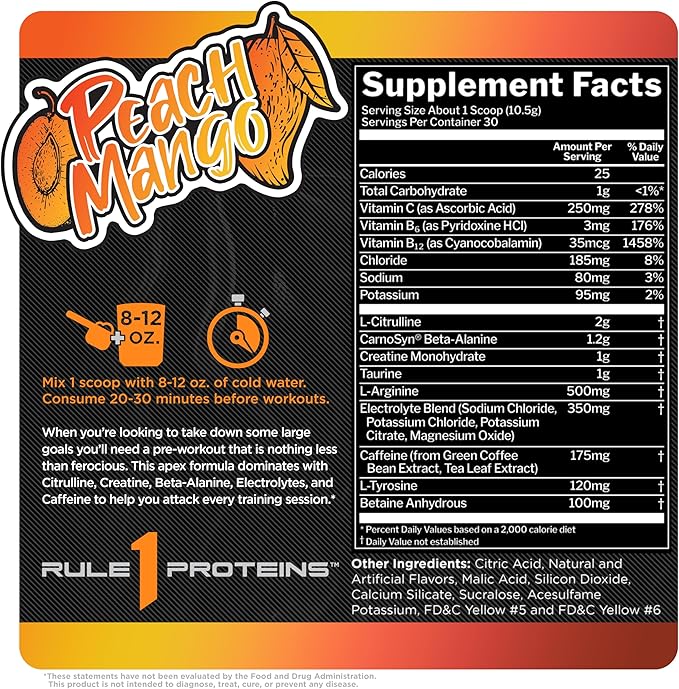 Rule 1 R1 Roar - Pre-Workout Powder with Creatine, Beta-Alanine, Citrulline, Electrolytes & Caffeine (30 Servings, Peach Mango)