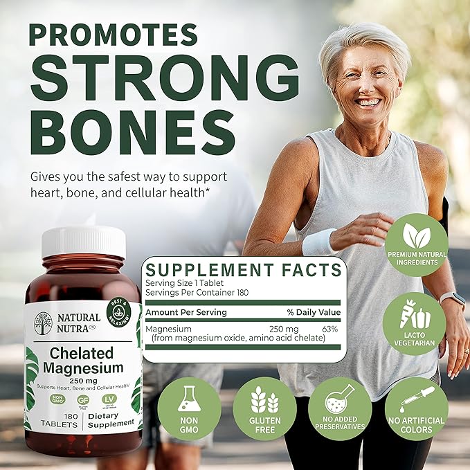 Natural Nutra Chelated Magnesium Oxide 250 mg - High Absorption for Strong Bones, Heart Health, Dental Health, Energy Boost, Gluten-Free, Non-GMO, 180 Tablets in BPA-Free Recyclable Glass Bottles