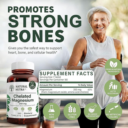 Natural Nutra Chelated Magnesium Oxide 250 mg - High Absorption for Strong Bones, Heart Health, Dental Health, Energy Boost, Gluten-Free, Non-GMO, 180 Tablets in BPA-Free Recyclable Glass Bottles