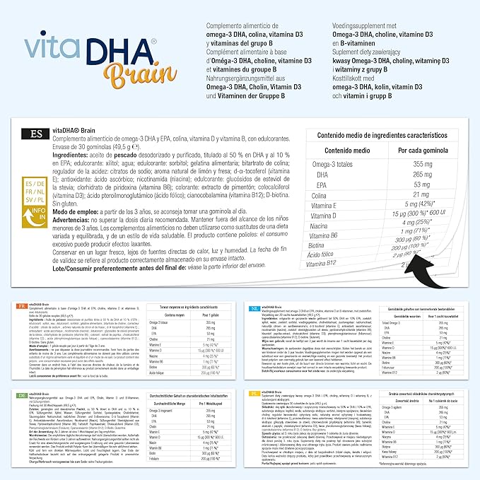 VitaDHA Brain Omega 3 for Kids 3+ IFOS Certified (60 Jellies) - No Fishy Aftertaste, Sugar Free - with Vitamin D3 and B - Strawberry and Lemon Flavour