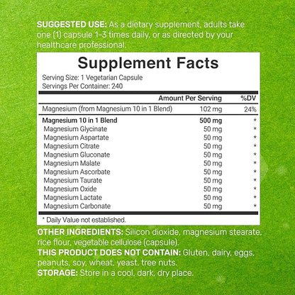 Magnesium Complex Supplement 500mg, 240 Veggie Capsules – 10 in 1 – Glycinate, Citrate, Malate, & More – Chelated Minerals for Muscle & Joint Health.