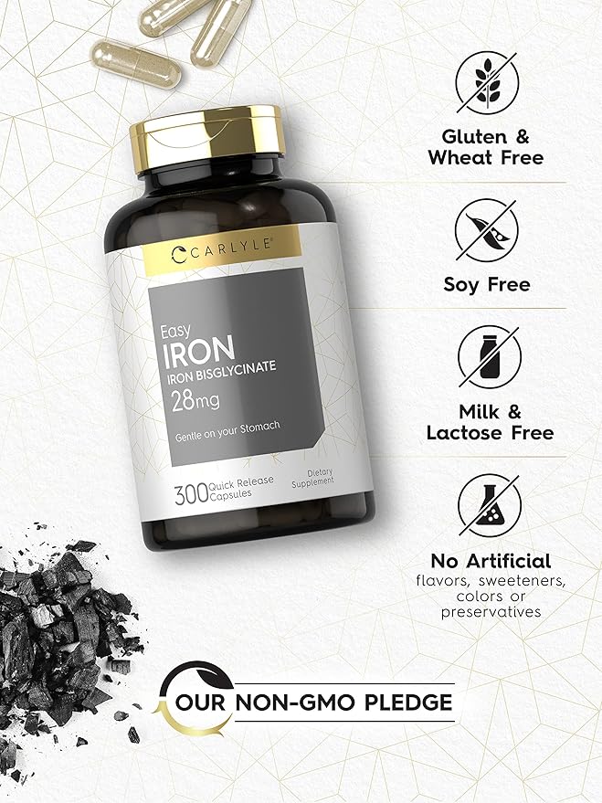 Carlyle Easy Iron Supplement for Women and Men | 28mg | 300 Capsules | as Ferrous Bisglycinate | Non-GMO and Gluten Free