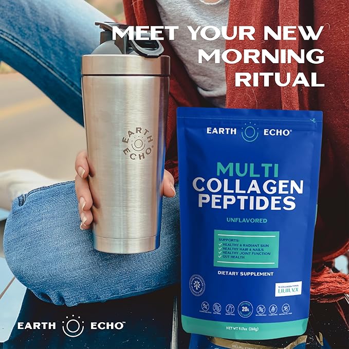 Earth Echo Multi Collagen Peptides, Hydrolyzed Collagen with Vitamin C and Hyaluronic Acid, Supports Radiant Skin, Healthy Joints, Gut Health and Immune Function, Dairy-Free, 26 Servings