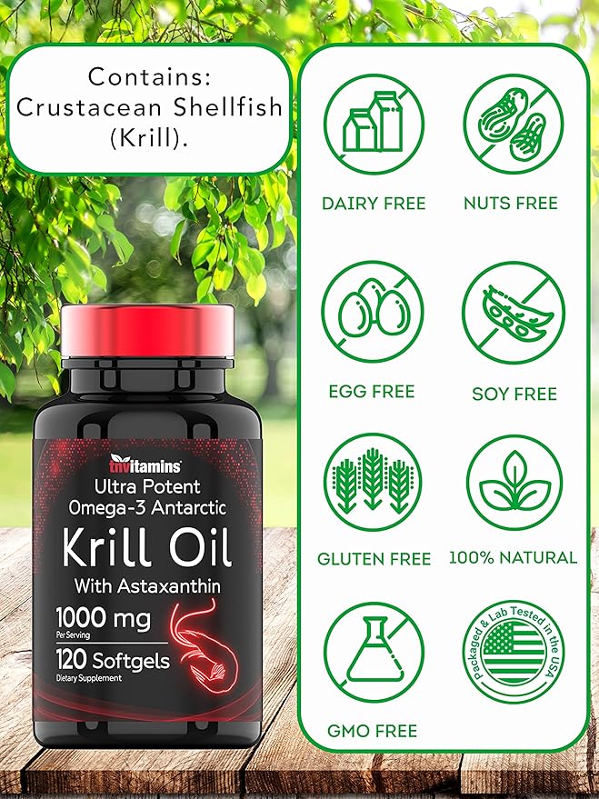 Antarctic Krill Oil 1000mg - 120 Softgels with Astaxanthin | 1000mg Red Krill Oil, 200 mg Phospholipids, 120 mg EPA, 80 mg DHA, 200 mcg Astaxanthin | Potent & Pure Omega-3 Cold Water Antarctic Krill
