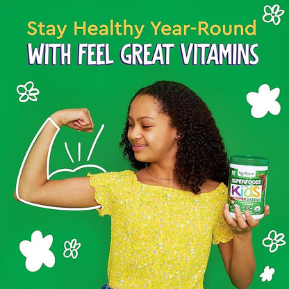 Feel Great USDA Organic Super Greens Powder for Kids - Cocao Chocolate | Fruit & Veggie Supplement | Superfood Powder with Probiotics & Digestive Enzymes for Digestive Health | 60 Days Supply