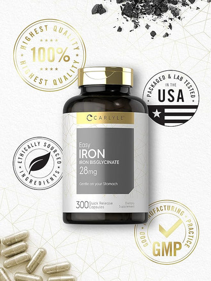 Carlyle Easy Iron Supplement for Women and Men | 28mg | 300 Capsules | as Ferrous Bisglycinate | Non-GMO and Gluten Free
