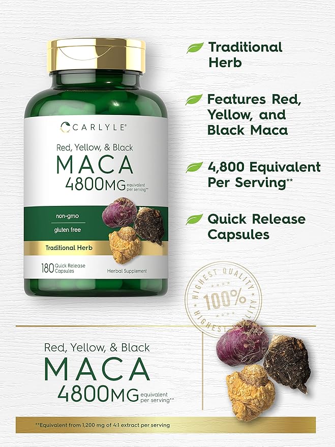 Carlyle Maca Root | Powder Capsules for Women & Men | 4800 mg | 180 Count | High Potency Extract | Non-GMO & Gluten Free Supplement