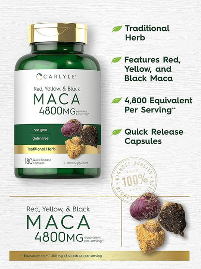 Carlyle Maca Root | Powder Capsules for Women & Men | 4800 mg | 180 Count | High Potency Extract | Non-GMO & Gluten Free Supplement