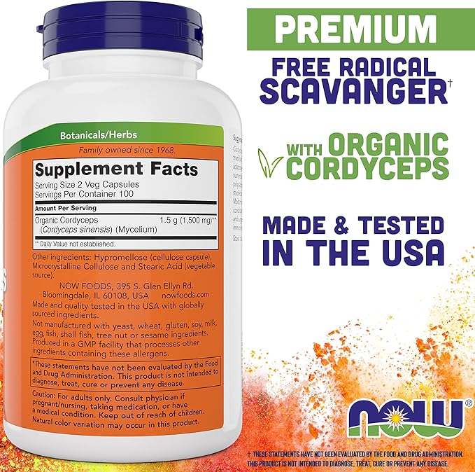 NOW Foods Cordyceps 750mg 200 Veg Caps - Organic Cordycep Sinensis Mycelium Mushroom in Non-Organic Capsules - Vegan, Non-GMO