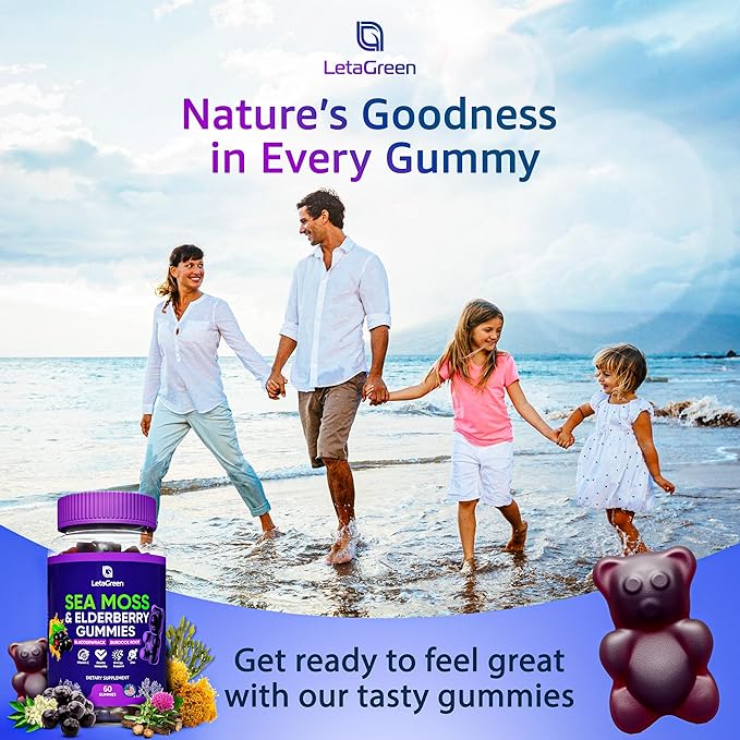 Irish Sea Moss Gummies – Sea Moss Bladderwrack Burdock Elderberry – 60 Vegan Seamoss Bears – Elderberry Gummies for Kids & Adults with Vitamin C & Zinc