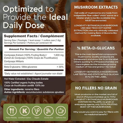 Longevity Botanicals Organic Cordyceps Mushroom Extract Powder 100g | Concentrated 10:1 Ratio | 100% Fruiting Bodies | Cordyceps Militaris Natural Supplement for Energy, Stamina & Respiratory Support