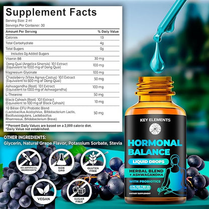 Liquid Hormone Balance Supplements for Women & PMS Relief - Menopause Support PMS Vitamins Menstrual Cramp Relief - PMS Supplements Chasteberry, Black Cohosh for Hot Flashes, Dong Quai & Probiotic