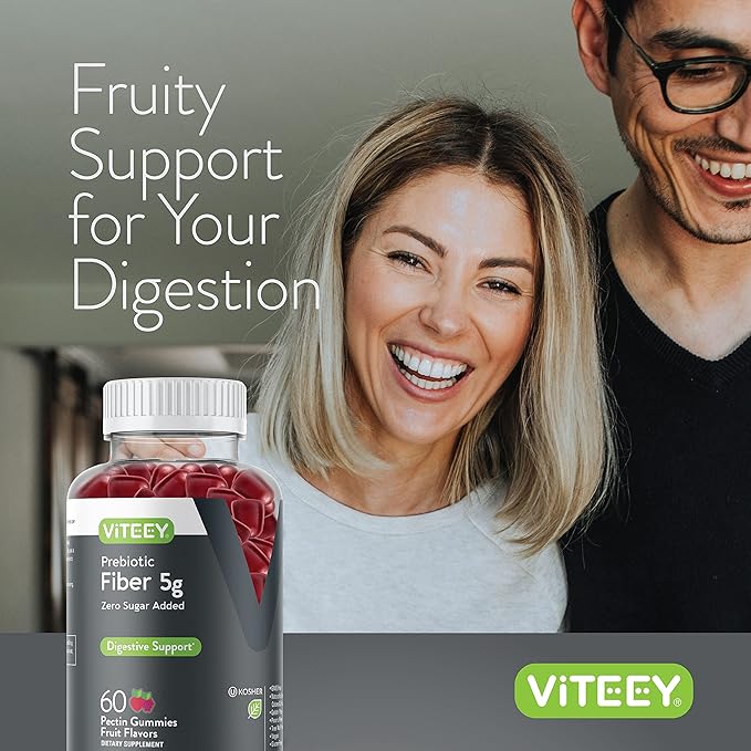 Viteey Prebiotic Fiber Gummies for Adults, 5g - Zero Sugar Added - Fiber Supplement for Digestive Health Regularity & Natural Weight Support - Vegan, Gelatin Free - Chewable Fruit Flavored Gummy