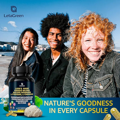 Organic Lions Mane Supplement Capsules - 120 Real Mushrooms Lion's Mane Capsules with Ginkgo Biloba Herb, Bacopa Monnieri - Nootropics Brain Support - Lion Mane Mushroom Supplement