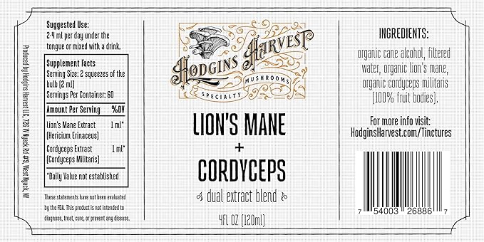 Organic Lion’s Mane + Cordyceps Tincture | Made with Mushrooms Grown On Our Farm in The USA | Dual Extract | Extra-Concentrated (4 fl oz)