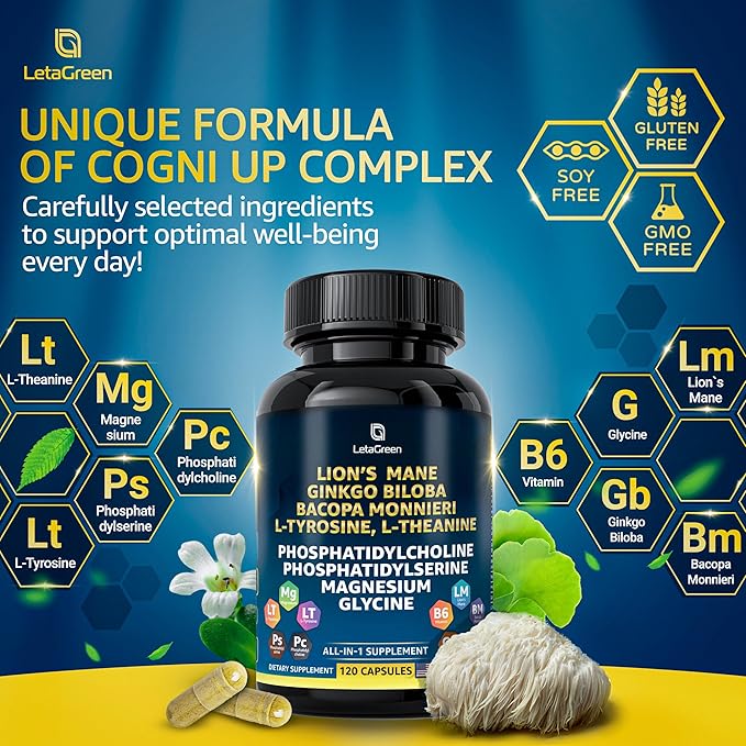 Organic Lions Mane Supplement Capsules - 120 Real Mushrooms Lion's Mane Capsules with Ginkgo Biloba Herb, Bacopa Monnieri - Nootropics Brain Support - Lion Mane Mushroom Supplement