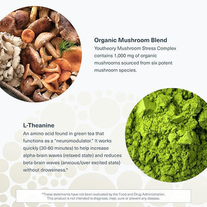 Youtheory Mushroom Stress Complex, Organic Full-Spectrum Mushrrom with L-Theanine, Help Reduce Stress and Promotes Mental Calmness, 60 Vegetarian Capsules