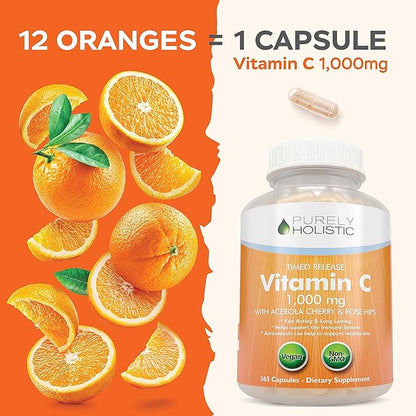Purely Holistic Vitamin C 1000mg + Organic Elderberry Syrup Bundle - 365 Vegan Capsules + 16 fl oz - with Rosehip, Acerola Cherry, Propolis Echinacea & More - Made in USA